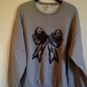 Womens Gray Crewneck Sweatshirt Black Lace Bow Size Large